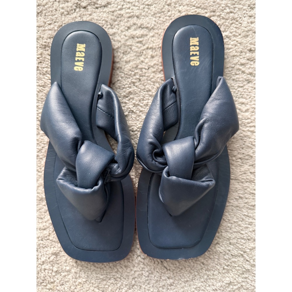 Maeve Anthropologie Navy Blue Puffy Knot Leather Flat Sandals Square Toe 7M
